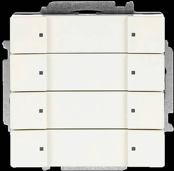 Vier übereinander angeordnete weiße Elektroschalter mit kleinen schwarzen Quadraten sind an einem metallischen Rahmen montiert.