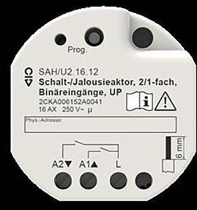 Rundes elektrisches Gerät mit der Bezeichnung „SAH/U2.16.12". Beinhaltet Installations- und Modellinformationen. Verfügt über Tasten und Anschlüsse.