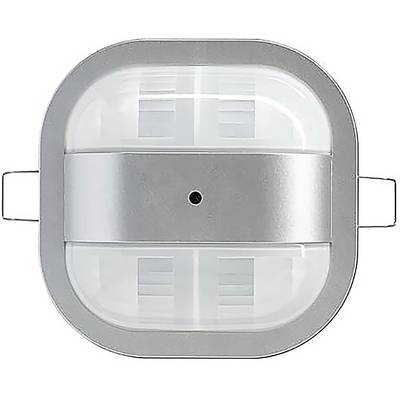 Eine Nahaufnahme eines rechteckigen elektronischen Sensors mit einer zentralen Linse und zwei seitlichen Klammern. Es scheint sich um einen Bewegungsmelder zu handeln.