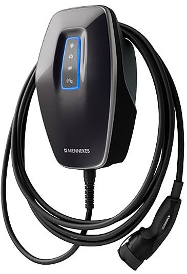 Ladestation für Elektrofahrzeuge mit schlankem Design. Das Gerät verfügt über ein aufgewickeltes Kabel und einen angebrachten Stecker mit berührungsempfindlichen Tasten.