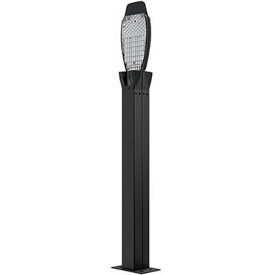 Ein hohes, schwarzes Außenlampenpfosten mit einer rechteckigen LED-Leuchte oben.