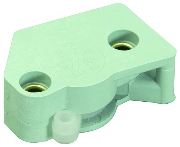 Eine grüne mechanische Komponente mit zwei kreisförmigen Bohrungen und einem vorstehenden zylindrischen Teil, wahrscheinlich Teil eines pneumatischen oder hydraulischen Systems.