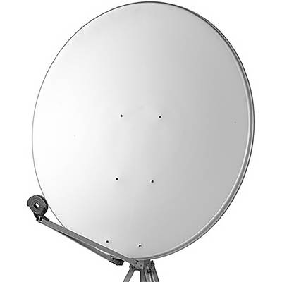 Ein großer weißer Satellit geschüssel auf einem Metallständer montiert, nach vorne ausgerichtet. Sie wird zum Empfangen von Kommunikationssignalen verwendet.