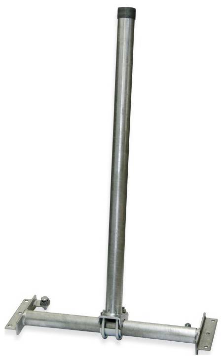 Ein vertikaler Metallbefestigungsmast mit einer Basisunterstützung, der zur Installation von Antennen oder ähnlichen Gegenständen verwendet wird. Der Mast ist silberfarben mit einer schwarzen Kappe.