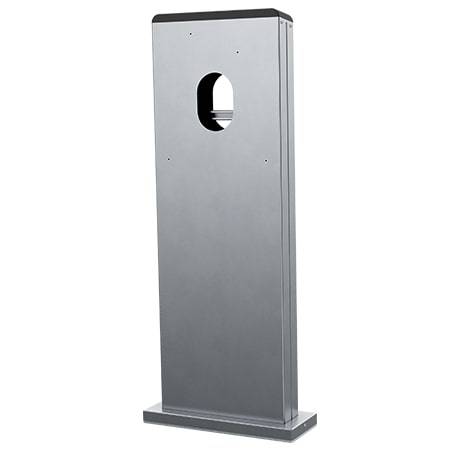 Ein hohes, rechteckiges Metallgestell mit einer zentralen ovalen Aussparung in der Nähe der Oberseite, möglicherweise zum Montieren oder Anzeigen von Gegenständen.