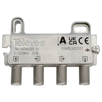 Ein Metall-Fernseh-Signalverteiler mit der Bezeichnung "Televes", "TAP/ABZWEIGER 2D", mit vier koaxialen Ausgängen und den Markierungen "5-1220MHz 21dB", "KLASSE A".
