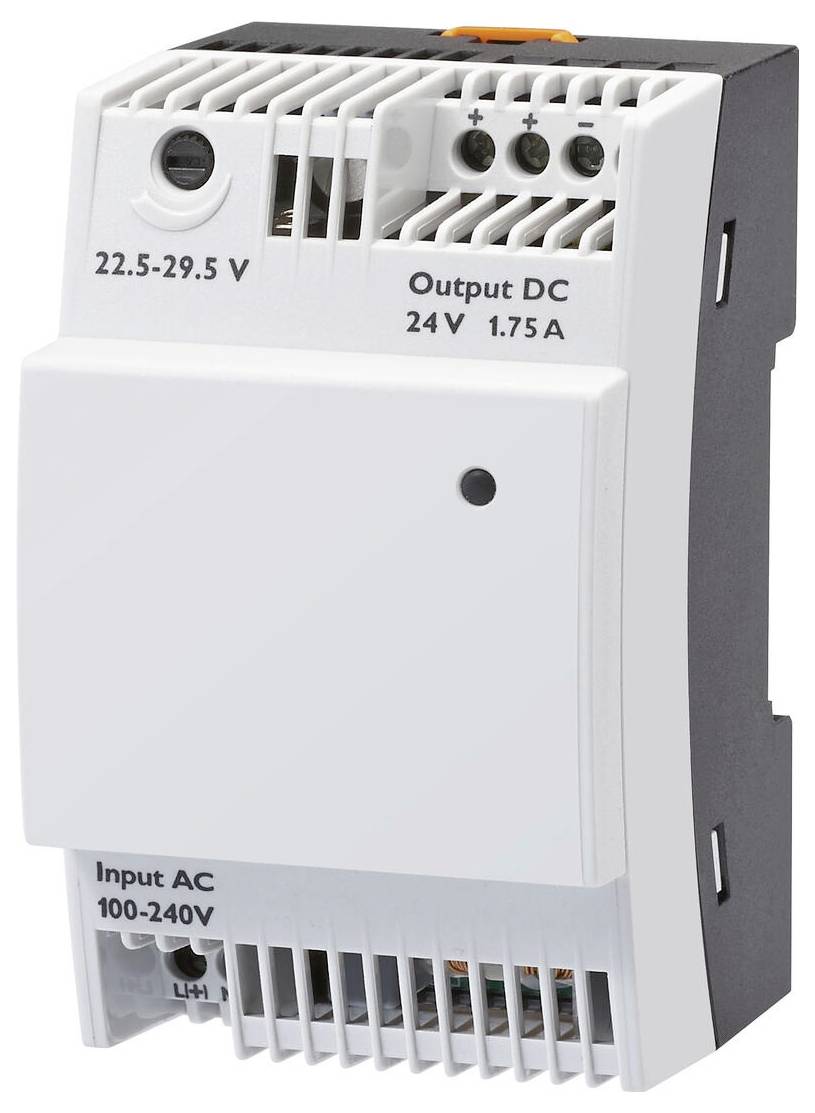 Ein weiß-grau gefärbtes AC-Gleichstrom-Netzteil mit Text, das „Eingabe AC 100-240V" und „Ausgabe DC 24V 1,75A" anzeigt.