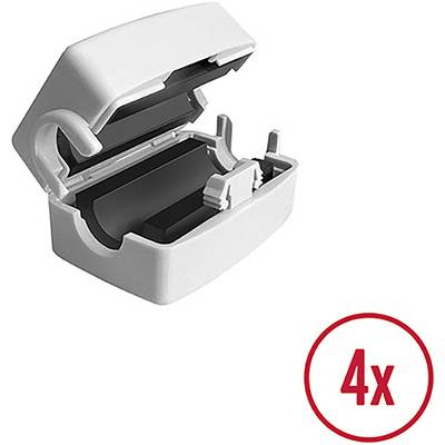 Offene weiße Aufbewahrungsbox für Zahnbürstenkopf neben einem roten Kreis mit „4x" darin, was die Kapazität angibt, vier Zahnbürstenköpfe zu lagern.