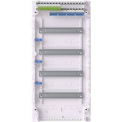 Ein leeres Elektrofeld mit mehreren horizontalen Steckplätzen für Leitungsschutzschalter und Verbindungselemente. Die obere Reihe enthält Klemmleisten.