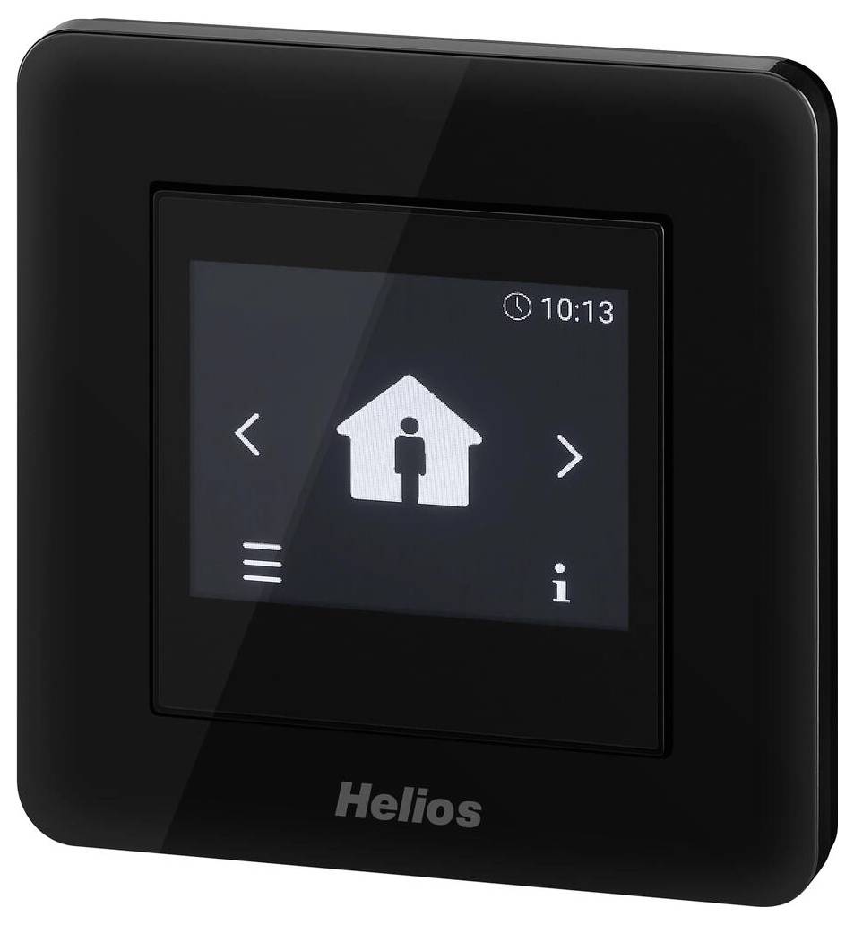 "Helios"-Touchscreen-Bedienfeld mit Hausymbol, Uhrzeit "10:13" und Navigationspfeilen, wahrscheinlich für Hausautomations-Einstellungen.