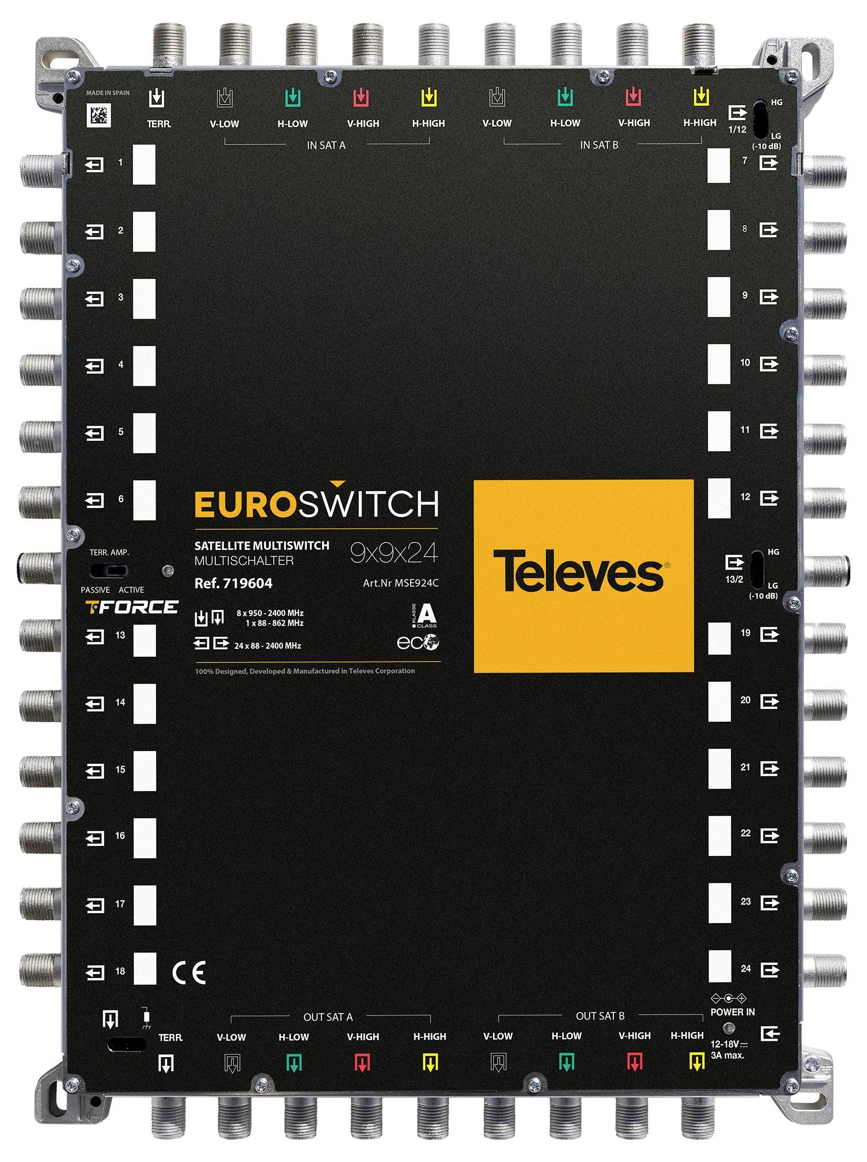 'EUROSWITCH Satelliten-Multiswitch, 93924.' Televés-Markenlogo in orangem Feld. Mehrere Ein- und Ausgänge umgeben das Gerät.