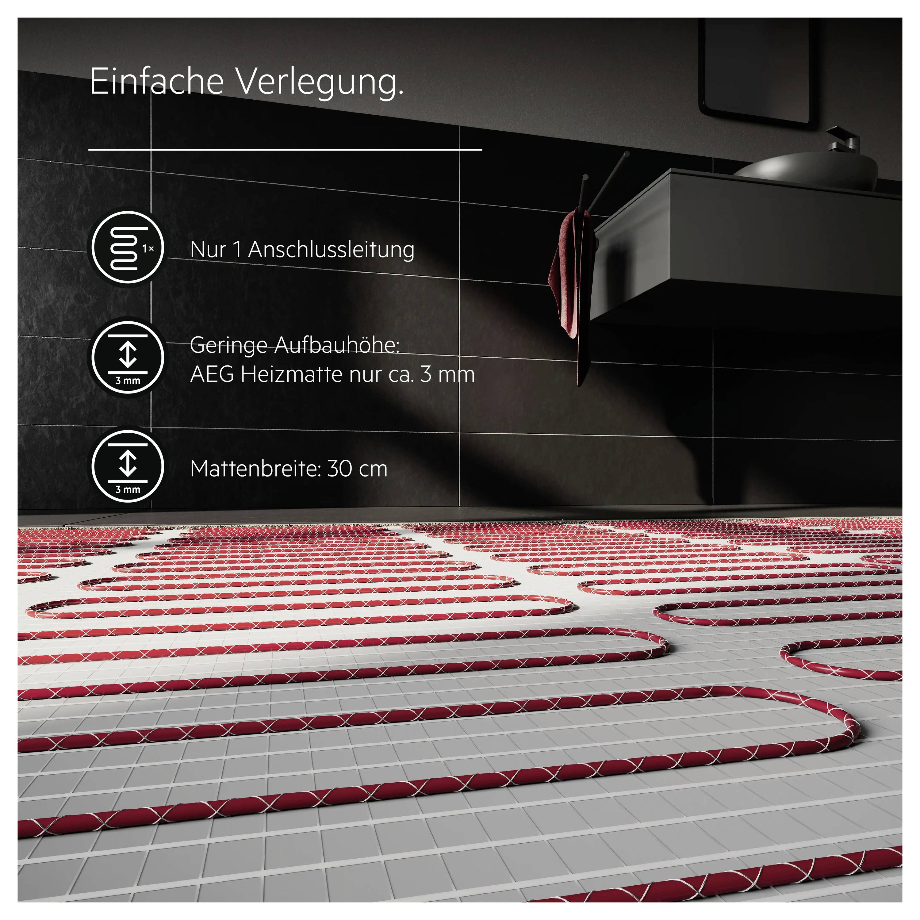 'Heizmatten in Bad für einfache Verlegung. Nur 1 Anschlussleitung, Aufbauhöhe ca. 3 mm, Mattenbreite 30 cm.'