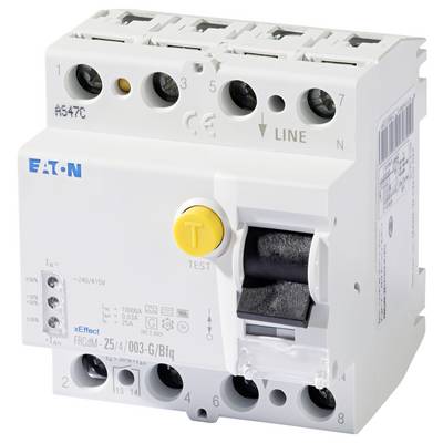 Eaton-Fehlerstromschutzschalter (RCD) mit Testknopf und aufgedruckten Spezifikationen, entwickelt für elektrische Sicherheit und Schutz.