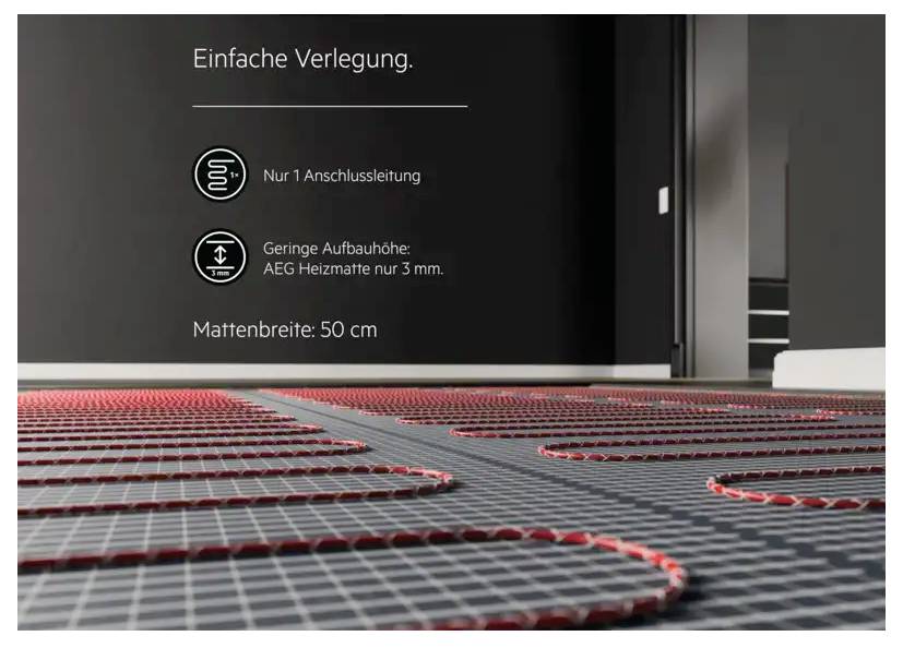 'Einfach zu verlegende elektrische Heizung mit 50 cm Mattenbreite, benötigt nur einen Anschluss, Aufbauhöhe von 3 mm.'