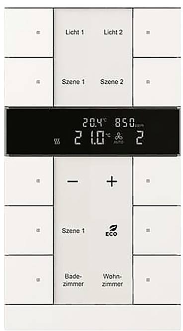 Ein Bedienfeld mit Schaltflächen für „Licht 1", „Licht 2", „Szene 1", „Szene 2" und einer Temperaturanzeige mit 20,4°C.