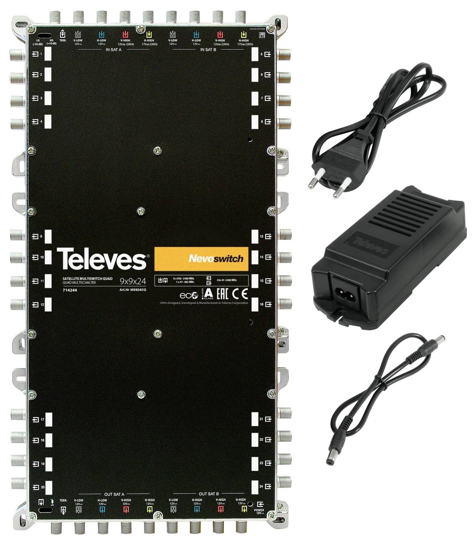 „Televes Nevoswitch 9x9x24"-Multischalt-Gerät mit mehreren Ein-/Ausgängen, zusammen mit einem Stromadapter und Stromkabel.