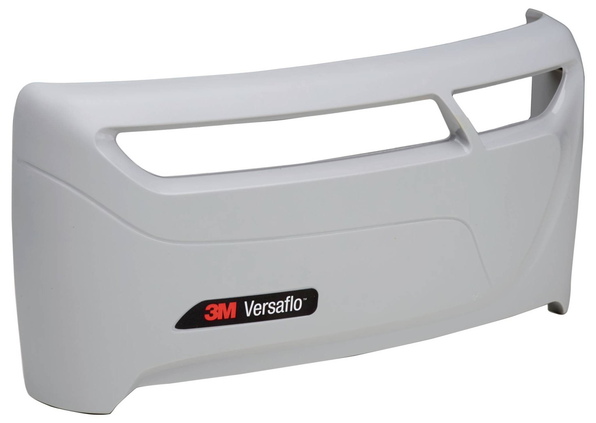Eine hellgraue Atemschutzabdeckung mit zwei Belüftungsschlitzen, mit dem Logo "3M Versaflo", entwickelt für Schutzausrüstungssysteme.