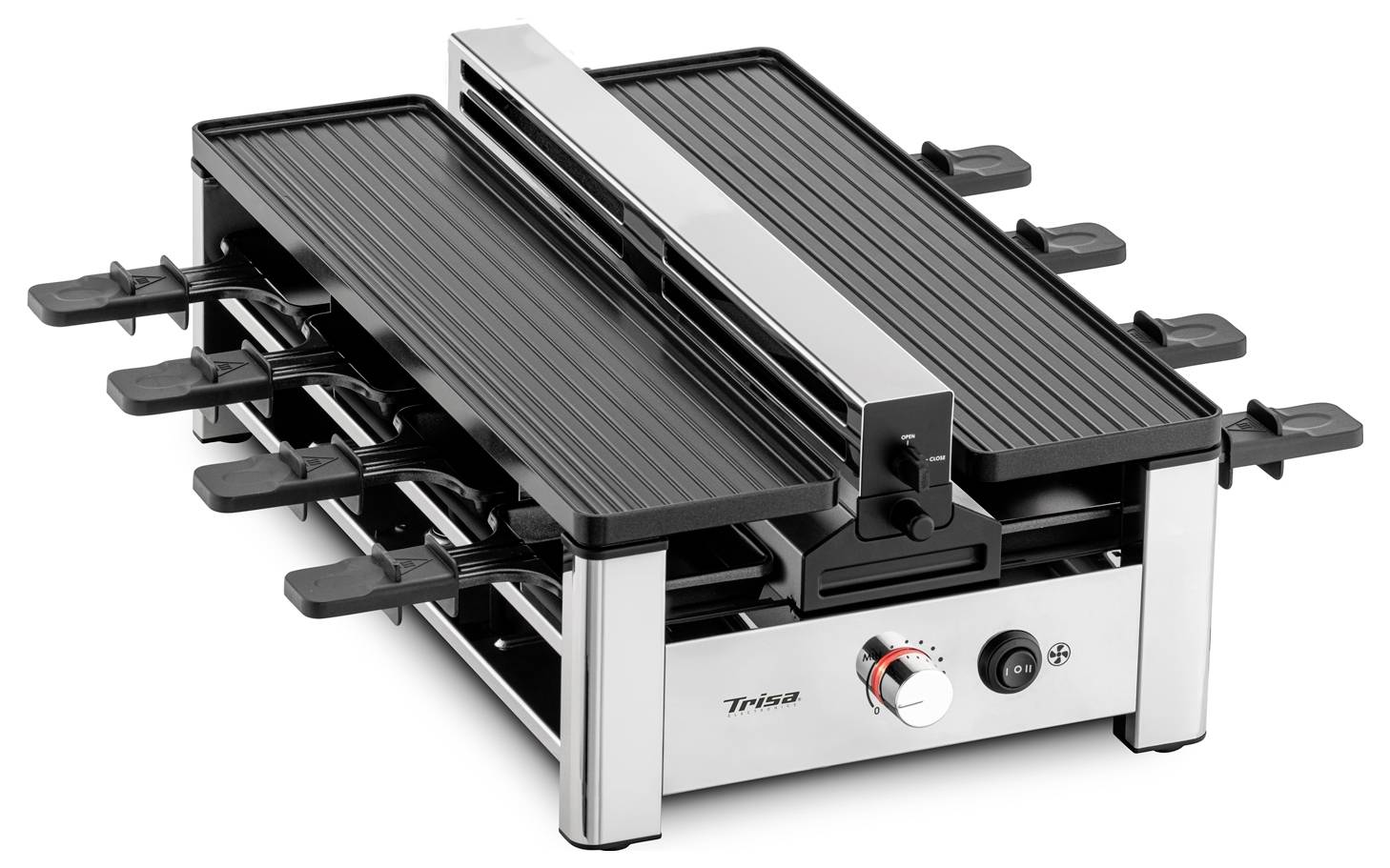 Raclette-Grill mit acht kleinen Pfännchen, stufenloser Temperaturregelung und Edelstahl-Gehäuse. Ideal für gemeinsames Kochen am Tisch.