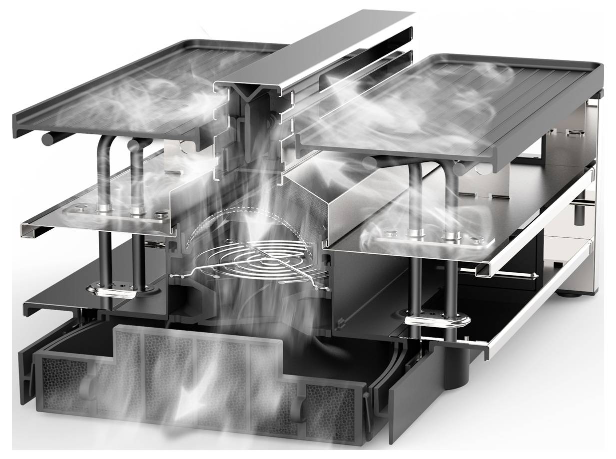 Ansicht eines aufgeschnittenen Elektrogrills mit sichtbaren Heizelementen, Raucheströmung und Auffangbehälter.