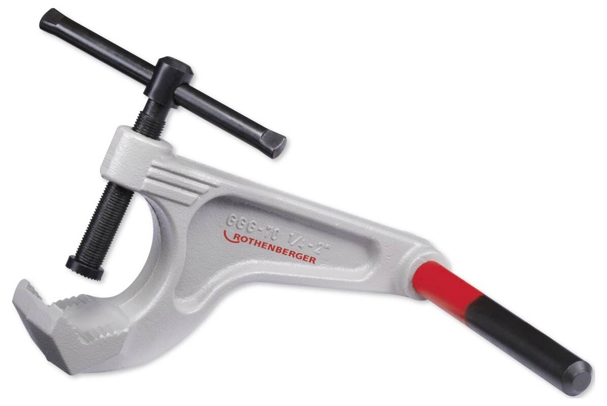 Ein Rohrklemme mit T-Griff und grau-roter metallischer Beschichtung, die zum sicheren Festhalten von Rohren während Arbeiten verwendet wird.