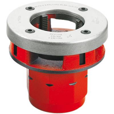 Eine rote und silberne Gewindeschneidkluppe mit sichtbarem Gewindemechanismus, die zum Schneiden von Gewinden auf Rohren verwendet wird.