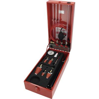 Ein roter Automotive-Werkzeugkasten mit Druckmessgeräten, Schläuchen und Anschlüssen, der zur Überprüfung des Motorkompressionsdruck entwickelt wurde.