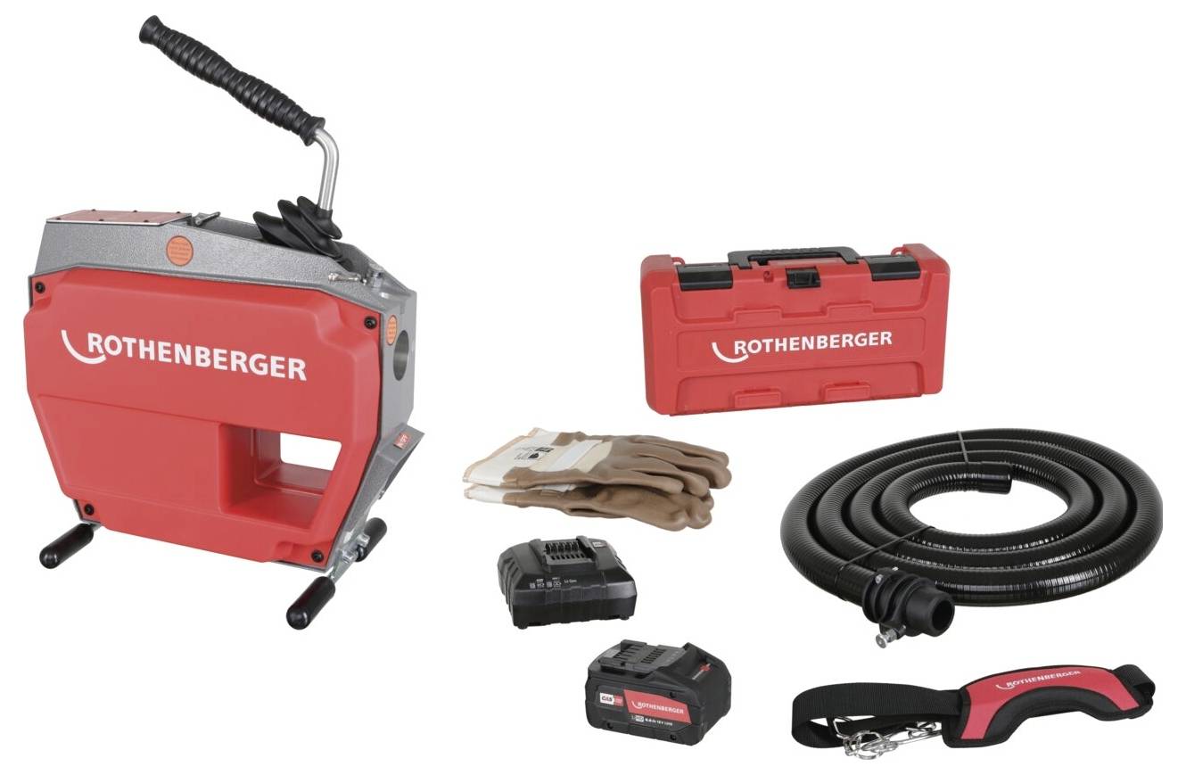 Eine Rohrschweißmaschine mit Zubehör inklusive Netzkabel, Akku, Handschuhen, Transportkoffer und Sicherheitsgurt, alle mit der Marke Rothenberger versehen.