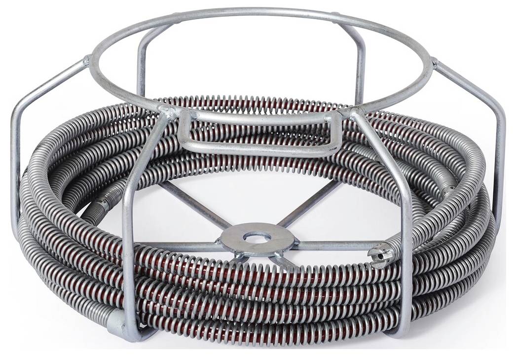 Ein aufgewickeltes Rohrreinigungskabel mit einem schützenden Metallrahmen, das zur Rohrverstopfungsbeseitigung verwendet wird, aus der Draufsicht dargestellt.