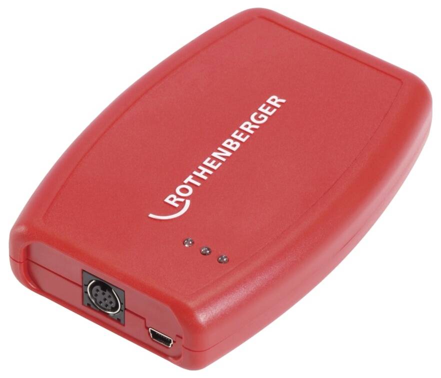 Ein rotes Rothenberger-Gerät mit einem Anschlussport und drei Anzeigelichtern, möglicherweise für Sanitär- oder HVAC-Anwendungen verwendet.