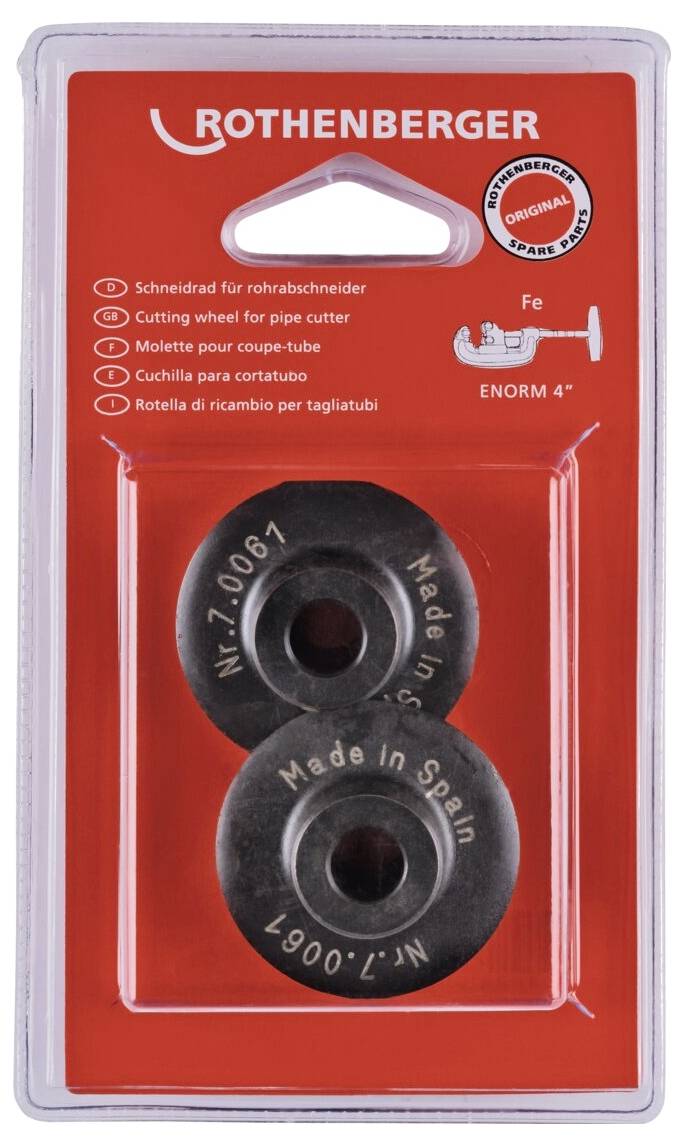 Packung mit zwei Rothenberger-Schneidrädern für Rohrabschneider, gekennzeichnet mit "Made in Spain".