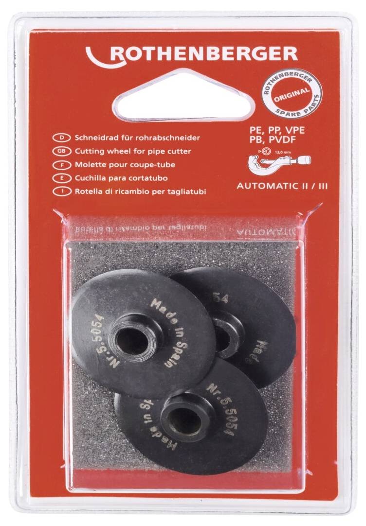 ROTHENBERGER-Verpackung mit drei Rohrschneiderrädern, gekennzeichnet mit „Made in VRC". Geeignet für PE, PP, VPE, PB, PVDF.