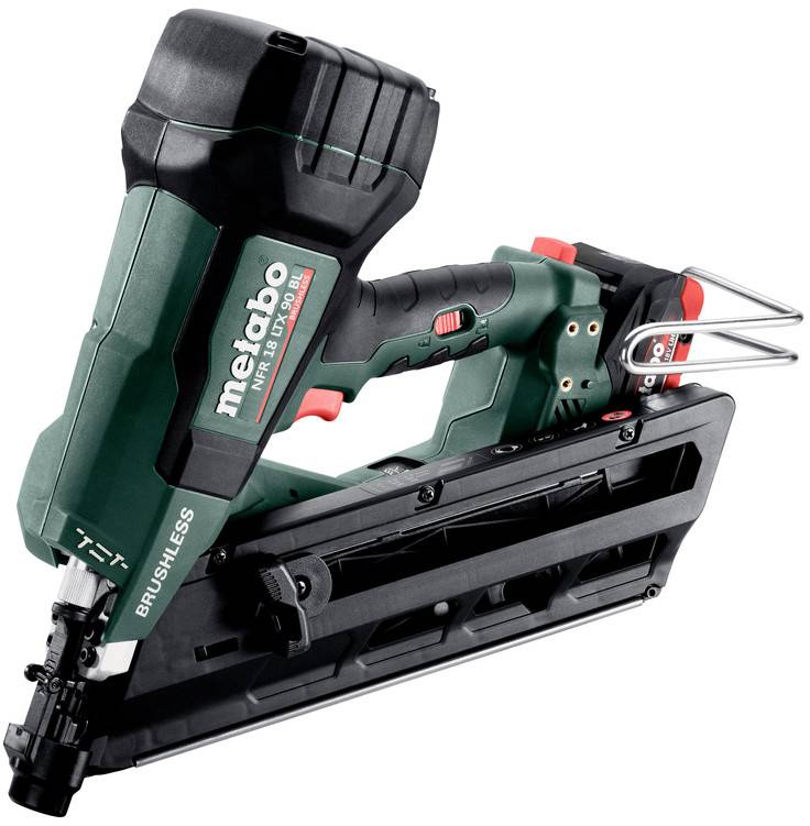Kabelloses Metabo-Aktusloses Nagelgerät mit Akku und Magazin, in der Profilansicht auf weißem Hintergrund dargestellt.