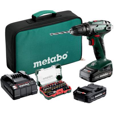 Metabo Akkubohrschrauber-Set mit Transportkoffer, zwei Batterien, Ladegerät und Bohrersatz.