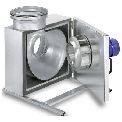 Eine Metallbelüftungsbox mit einem zylindrischen Rohr im Inneren, das auf der rechten Seite mit einem Motor verbunden ist. Die Frontplatte ist offen und zeigt die inneren Komponenten.