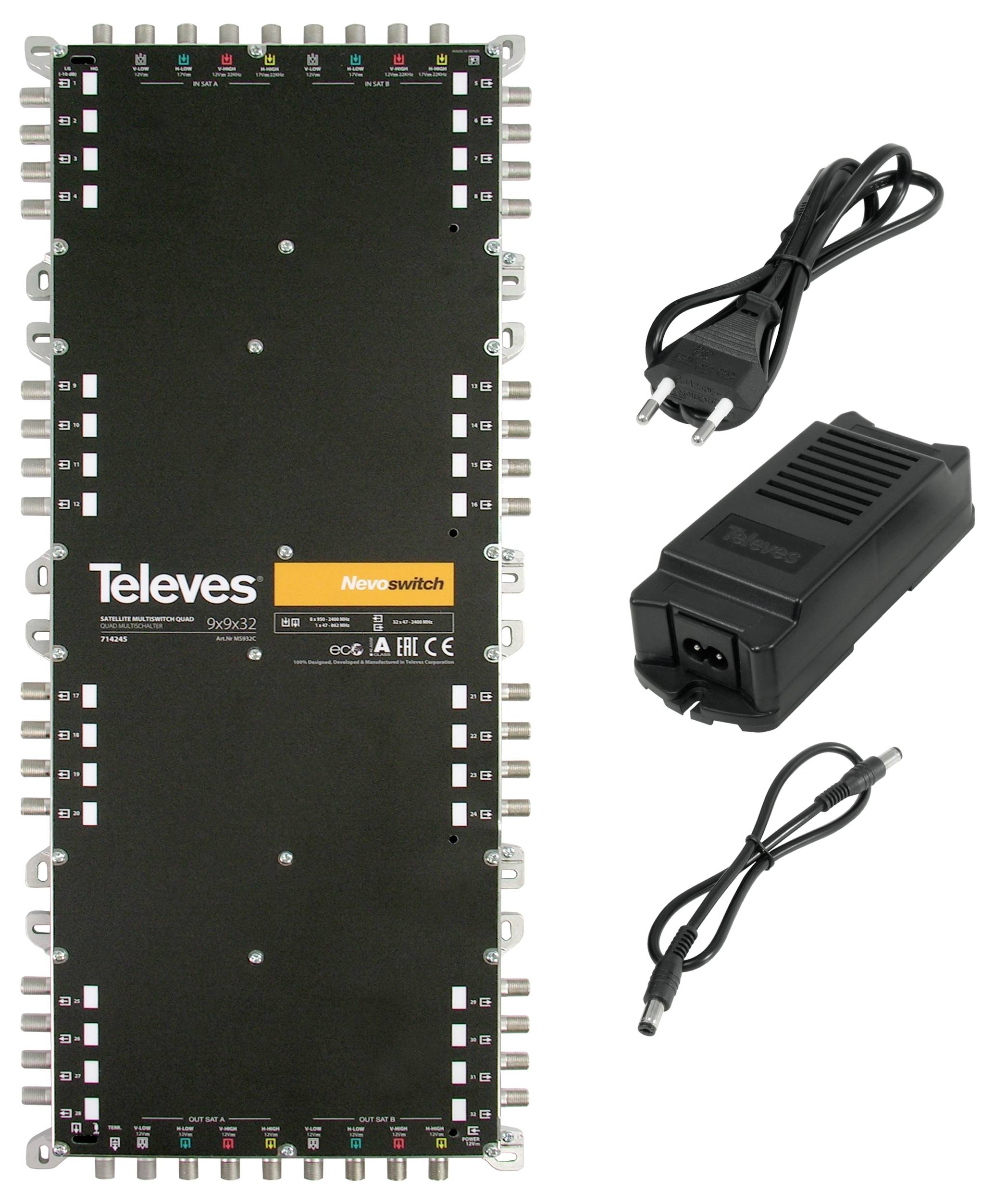 Ein Multi-Switch-Gerät mit der Bezeichnung Televes Nevoswitch 9x6x32 mit Ein-/Ausgabeanschlüssen an den Kanten, begleitet von einem Stromadapter und Kabel.