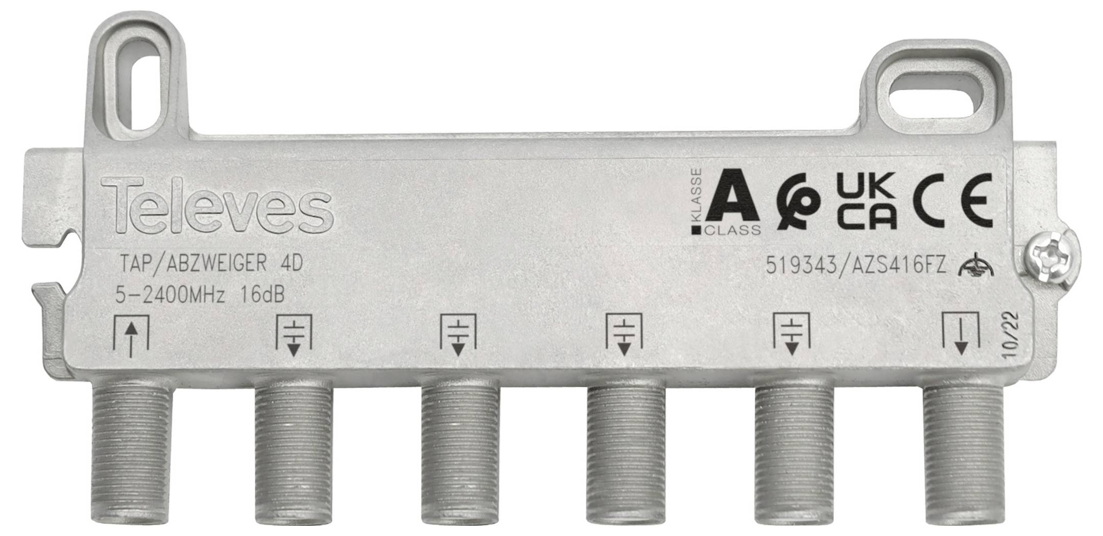 „Televes TAP/ABZWEIGER 4D" Gerät zur Signalverteilung mit 5 Ausgängen, Frequenzbereich 5-2400 MHz und 16 dB Dämpfung.