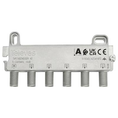 „Televes TAP/ABZWEIGER 4D" Gerät zur Signalverteilung mit 5 Ausgängen, Frequenzbereich 5-2400 MHz und 16 dB Dämpfung.