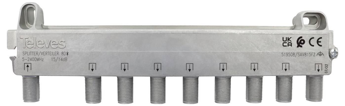 Televes-Marken-Splitter mit acht Ausgängen, beschriftet mit Spezifikationen: 5-2400 MHz, 15 dB und verschiedenen Sicherheitszertifizierungen.