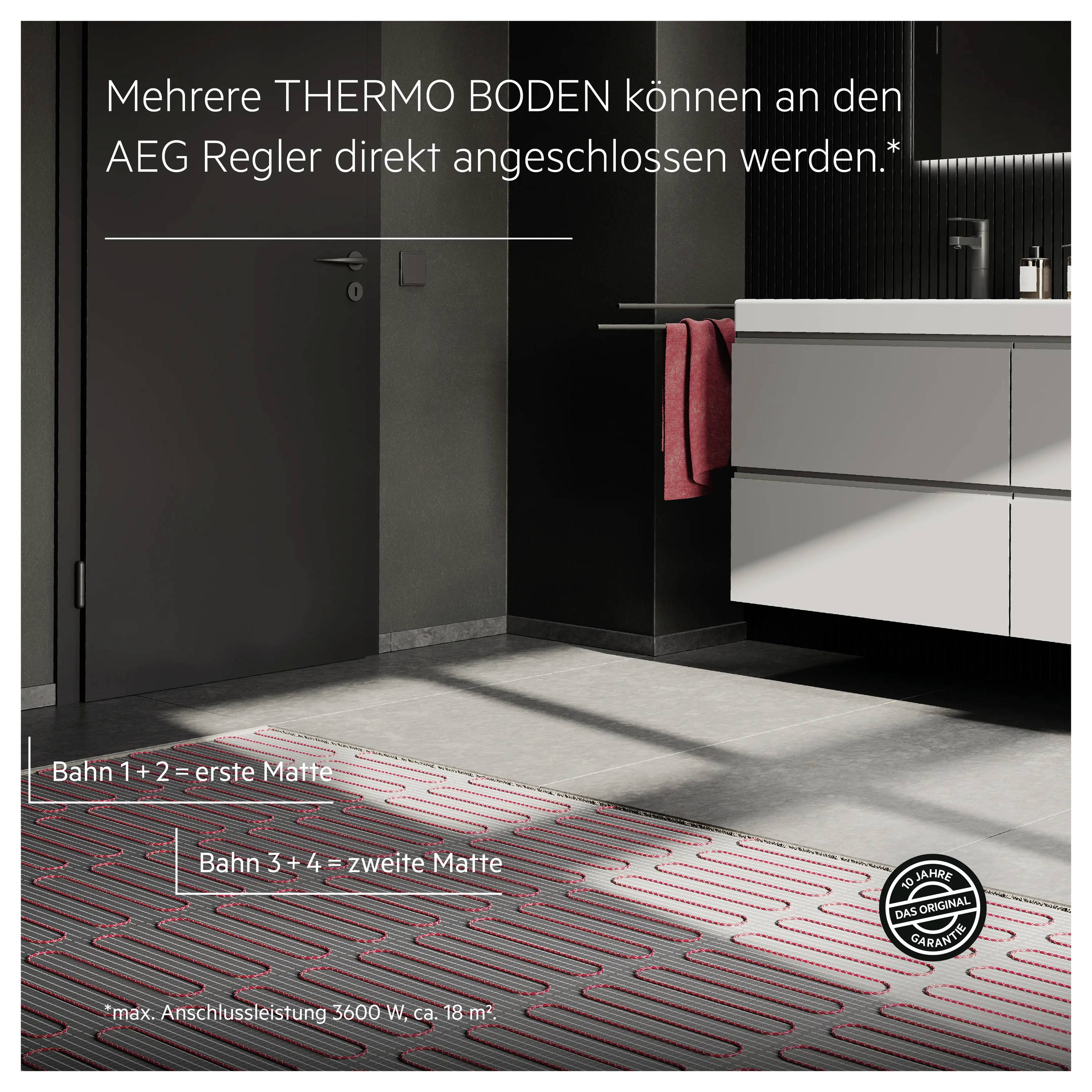 'Mehrere THERMO BODEN können an den AEG Regler direkt angeschlossen werden.' Badezimmer mit grauem Fußboden, rotem Heizmuster.