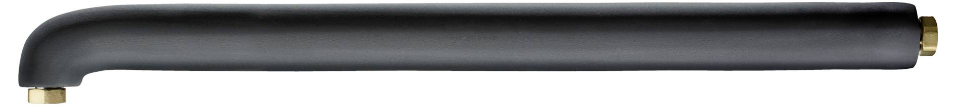 Ein schwarzes, zylindrisches Objekt mit Messingbeschlägen an jedem Ende, vermutlich ein Rohr oder eine Stange, horizontal auf weißem Hintergrund dargestellt.