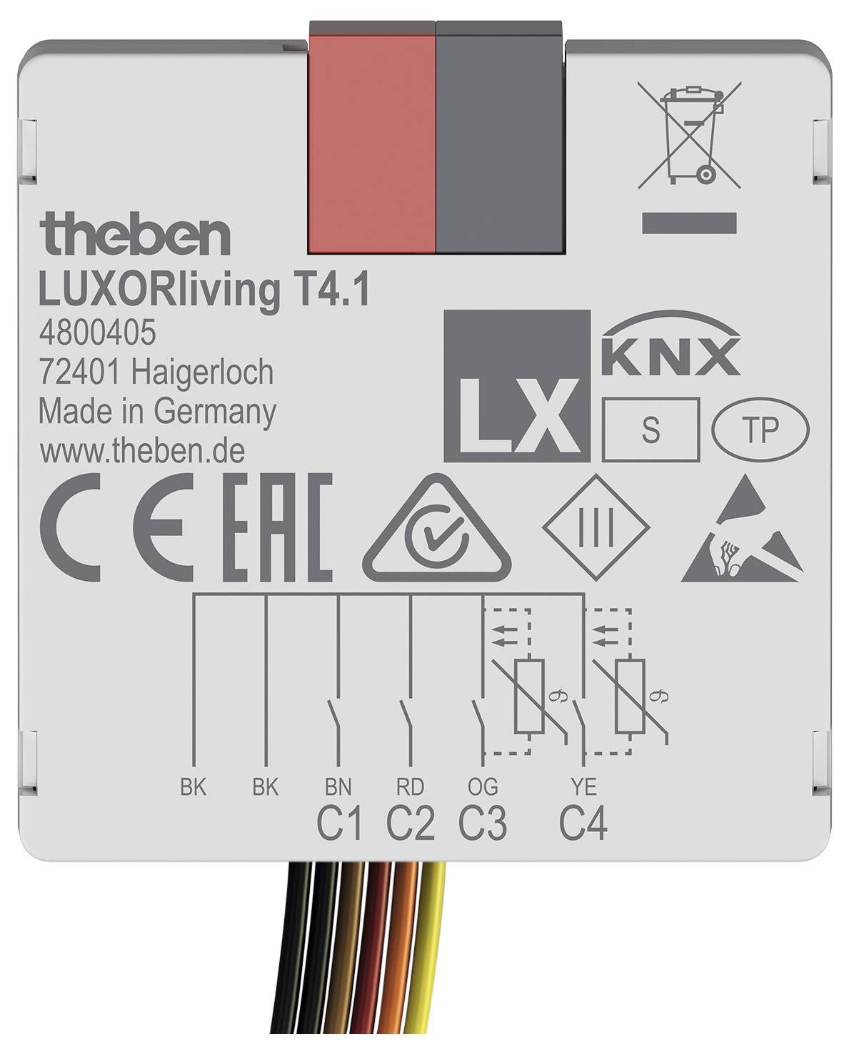 Das Bild zeigt ein Theben LUXORliving T4.1-Modul mit der Bezeichnung '4800405', '72401 Haigerloch', 'Made in Germany'. Es verfügt über verschiedene Verbindungssymbole und farbige Drähte.