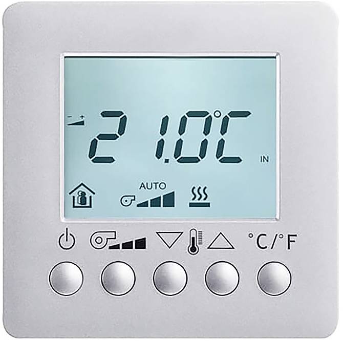 Digitales Thermostat zeigt "21,0°C" an; mit Symbolen für Wohnmodus, Automatikeinstellungen und Temperaturreglungstasten unterhalb des Displays.