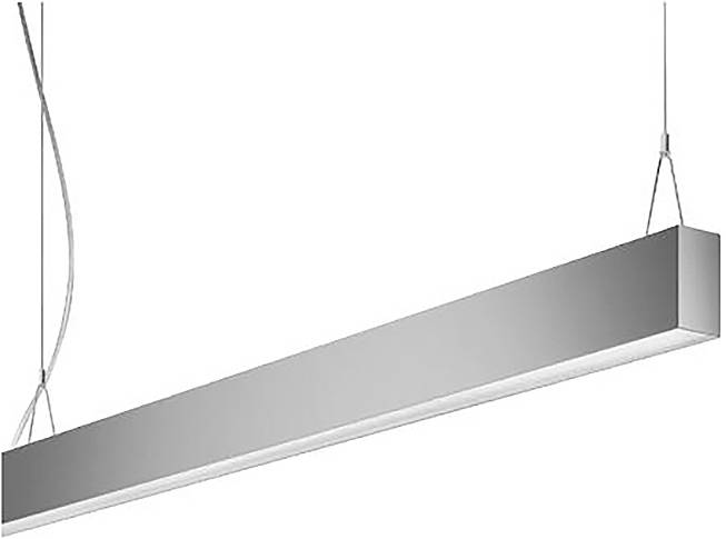 Eine schlanke, rechteckige Pendelleuchte an Drähten hängend, die ein minimalistisches Design für moderne Innenräume zeigt.