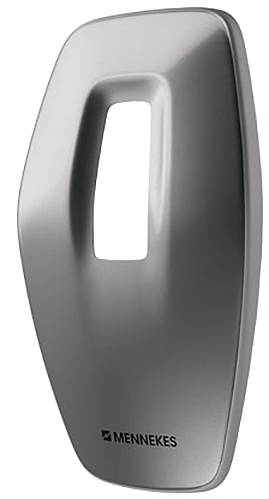 Eine schlanke, moderne metallische Abdeckplatte mit rechteckiger Mittelaussparung, mit dem 'MENNEKES'-Logo am unteren Ende.