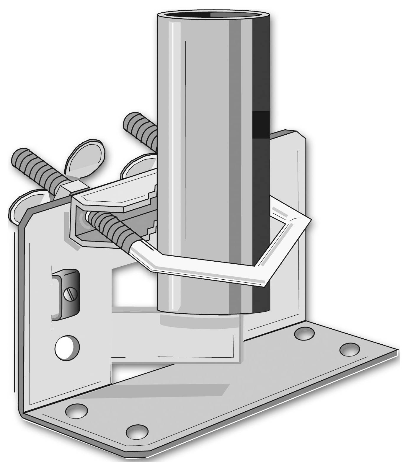 Eine auf einer Metallbasis montierte Rohrschelle, die durch zwei Schrauben gesichert ist und zum Halten eines vertikalen Rohrs an Ort und Stelle konzipiert ist.