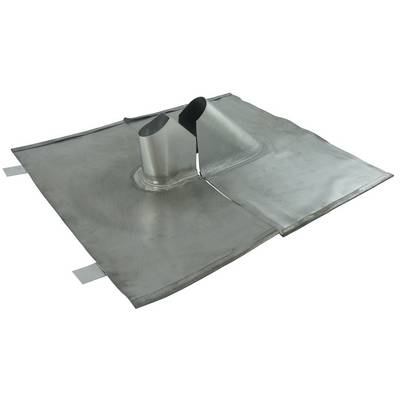 Ein Dachdurchdringungsteil mit stehender Falz und zwei hervorstehenden Lüftungsöffnungen auf einem flachen Metallpaneel, konstruiert zum Abdichten von Dachöffnungen.