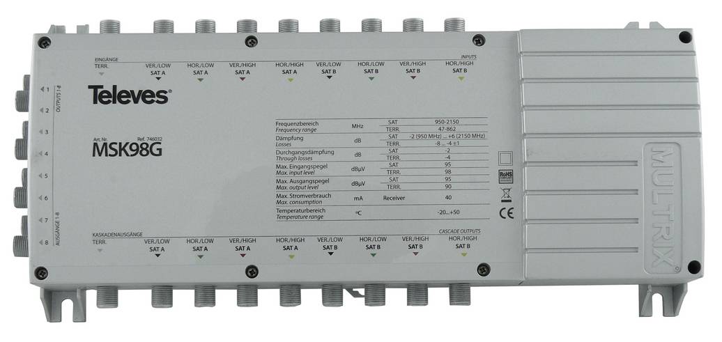 „Televes MSK98G" Multiswitch mit mehreren Ein- und Ausgängen, Frequenzspezifikationen und LEDs, wird zur Verteilung von Satellitensignalen verwendet.
