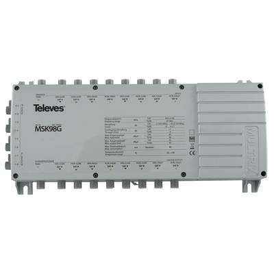 „Televes MSK98G" Multiswitch mit mehreren Ein- und Ausgängen, Frequenzspezifikationen und LEDs, wird zur Verteilung von Satellitensignalen verwendet.