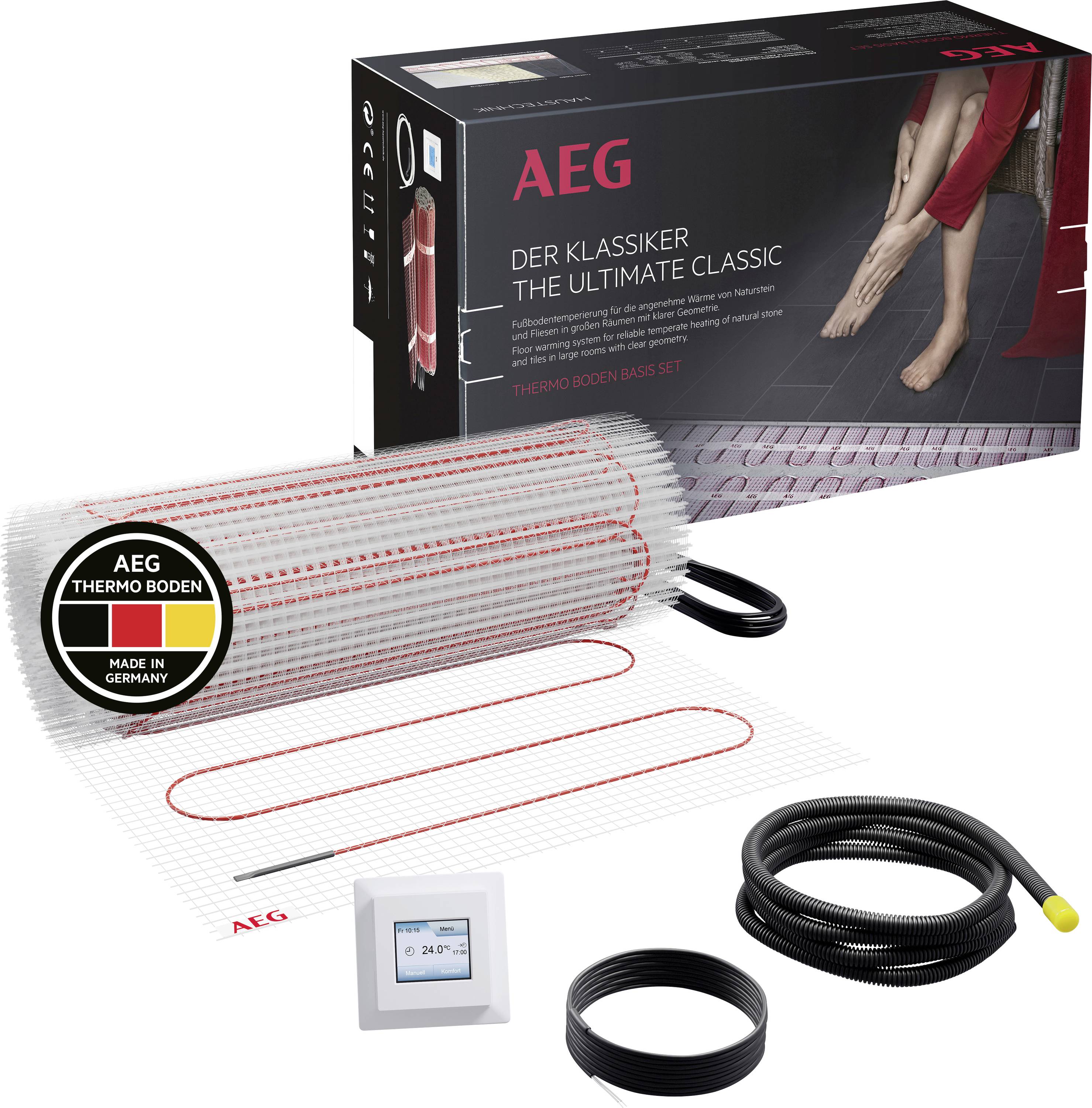 AEG Fußbodenheizungsset mit Heizmatte, Thermostat und Kabeln, gezeigt mit Produktverpackung mit der Bezeichnung „DER KLASSIKER THE ULTIMATE CLASSIC" und „THERMO BODEN"