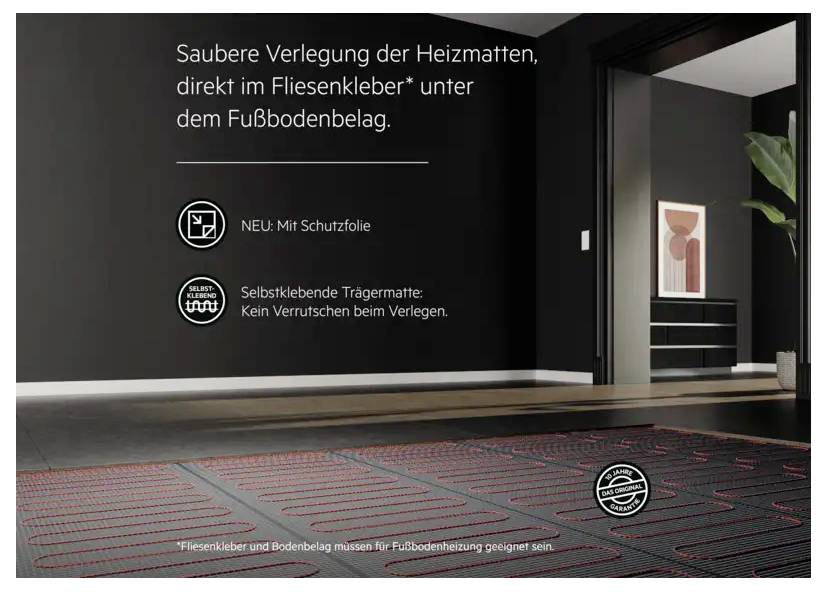 Ein Raum mit grauen Wänden und Fußbodenheizung. Text betont sauberes Verlegen der Heizmatten unter Fliesen. Symbole erläutern Schutzfolie und rutschfeste Trägermatte.